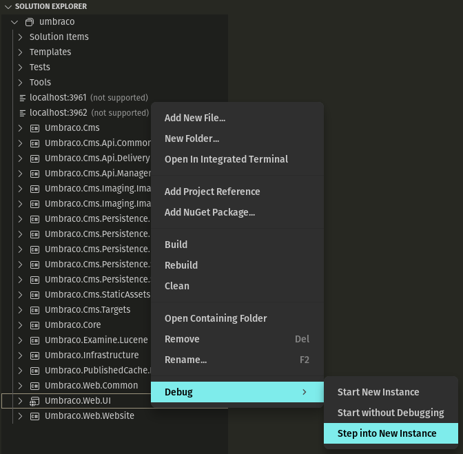 VS Code Debug context menu.