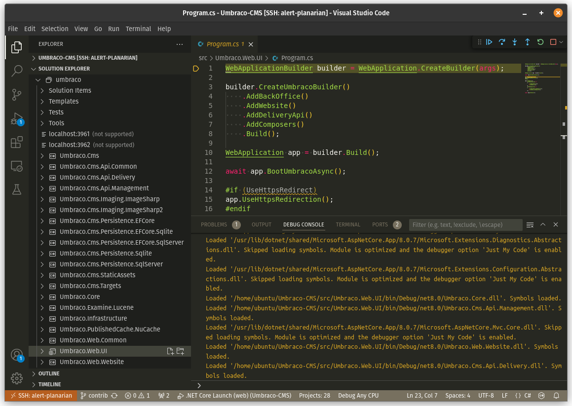 VS Code debugger stopped on the first line of the Program.cs file in the Umbraco.Web.UI project.