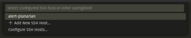 VS Code remote SSH connection menu with the alert-planarian host selected.