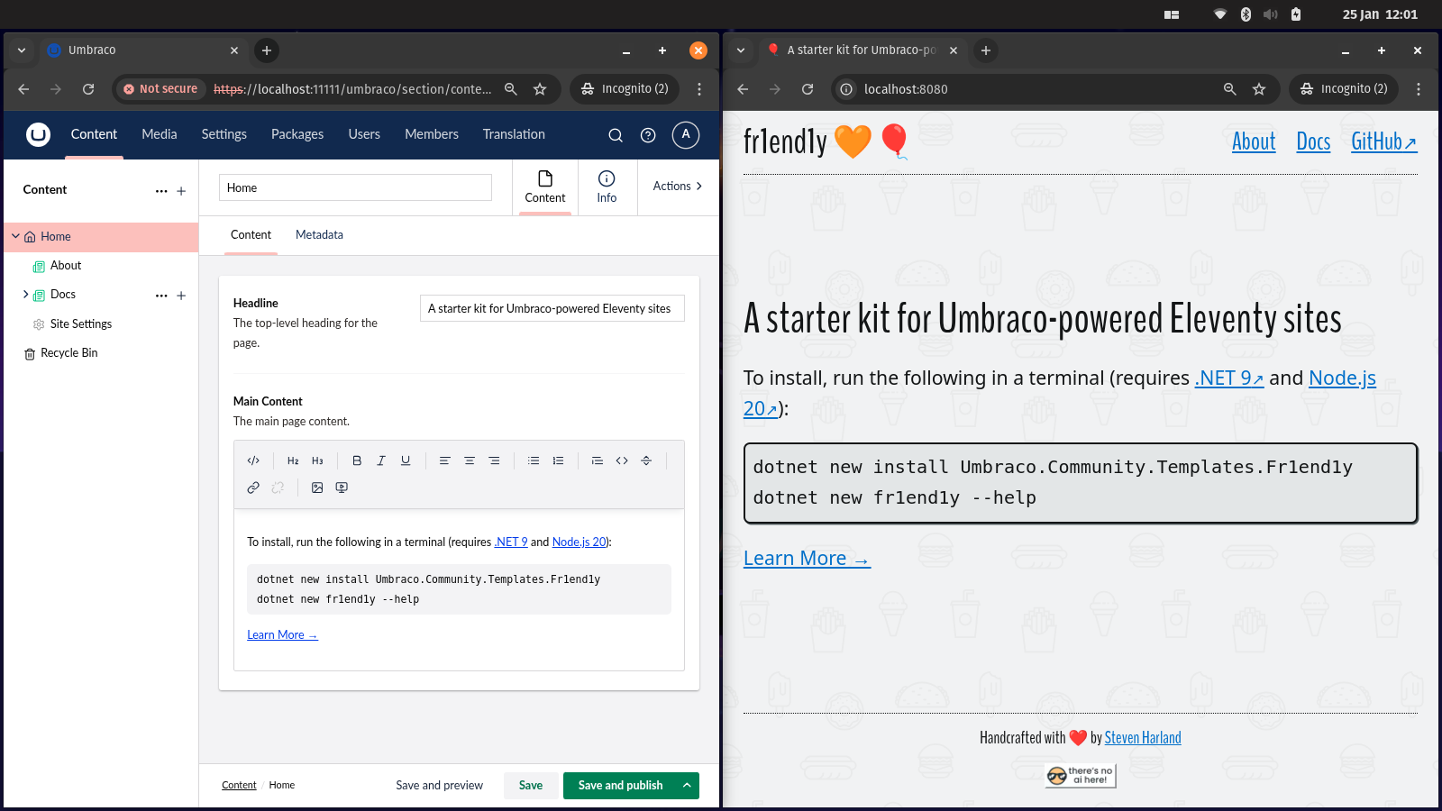 The Umbraco CMS and Eleventy site running side by side in web browser windows.