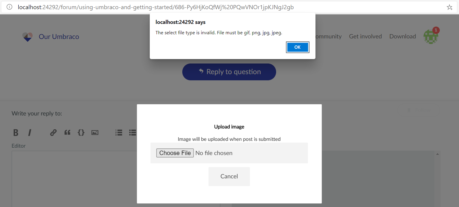 Screenshot of the error received when attempting to upload an invalid image in the Our Umbraco forum